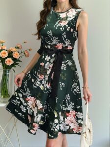 Elegant Dark Green Bohemian Floral Print High Waist A-Line Tank Dress for Spring and Summer Chic, Classy and Trendy Fashion Style to Dress to Impress