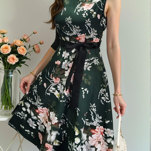 Elegant Dark Green Bohemian Floral Print High Waist A-Line Tank Dress for Spring and Summer Chic, Classy and Trendy Fashion Style to Dress to Impress