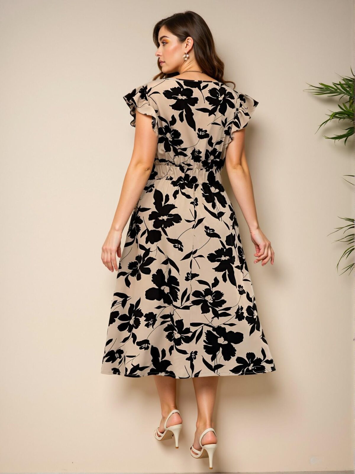 Elegant Khaki Flared Waist Floral Print Midi Dress Perfect for Spring and Summer Chic, Classy and Trendy Fashion Style to Dress to Impress - Image 2