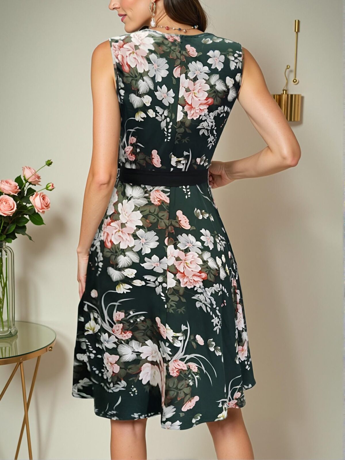 Elegant Dark Green Bohemian Floral Print High Waist A-Line Tank Dress for Spring and Summer Chic, Classy and Trendy Fashion Style to Dress to Impress - Image 2