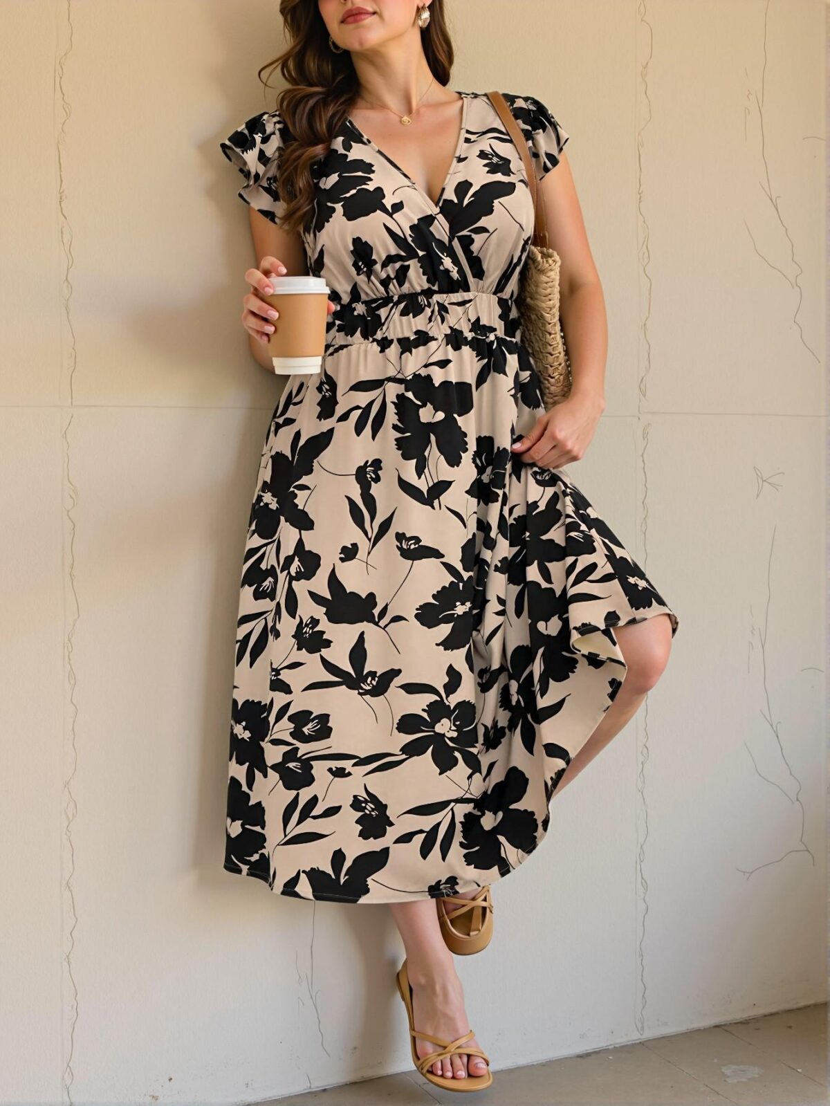 Elegant Khaki Flared Waist Floral Print Midi Dress Perfect for Spring and Summer Chic, Classy and Trendy Fashion Style to Dress to Impress - Image 4
