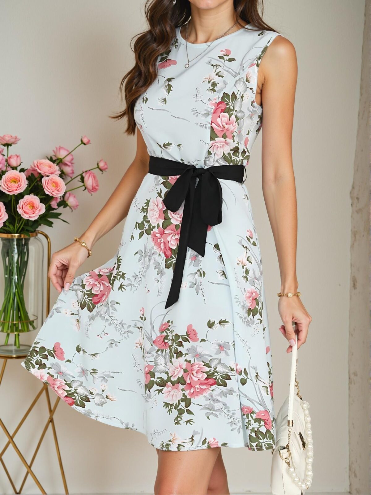 Elegant Baby Blue Floral Print High Waist A-Line Dress with Belt for Spring and Summer - Chic, Classy and Trendy Fashion Style to Dress to Impress