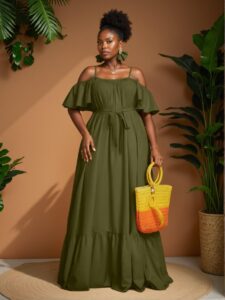 Elegant Army Green Versatile Open Shoulder Spaghetti Strap Dress Perfect for Warm Seasons Chic, Classy and Trendy Fashion Style to Dress to Impress