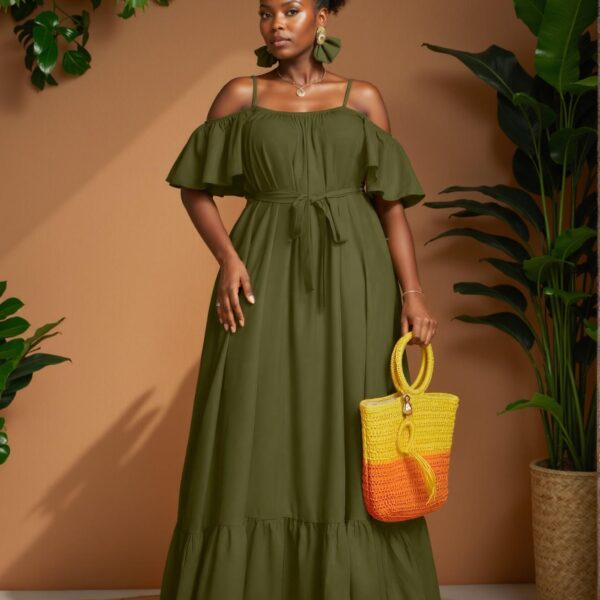 Elegant Army Green Versatile Open Shoulder Spaghetti Strap Dress Perfect for Warm Seasons Chic, Classy and Trendy Fashion Style to Dress to Impress