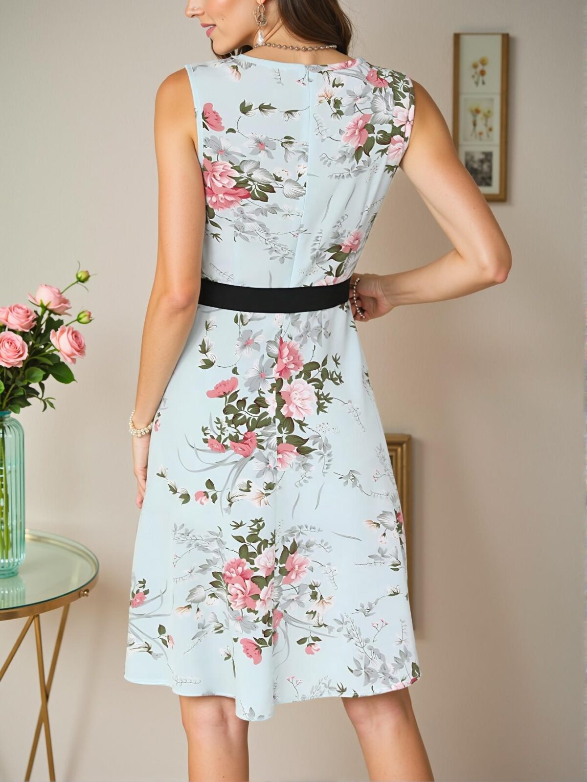 Elegant Baby Blue Floral Print High Waist A-Line Dress with Belt for Spring and Summer - Chic, Classy and Trendy Fashion Style to Dress to Impress - Image 2