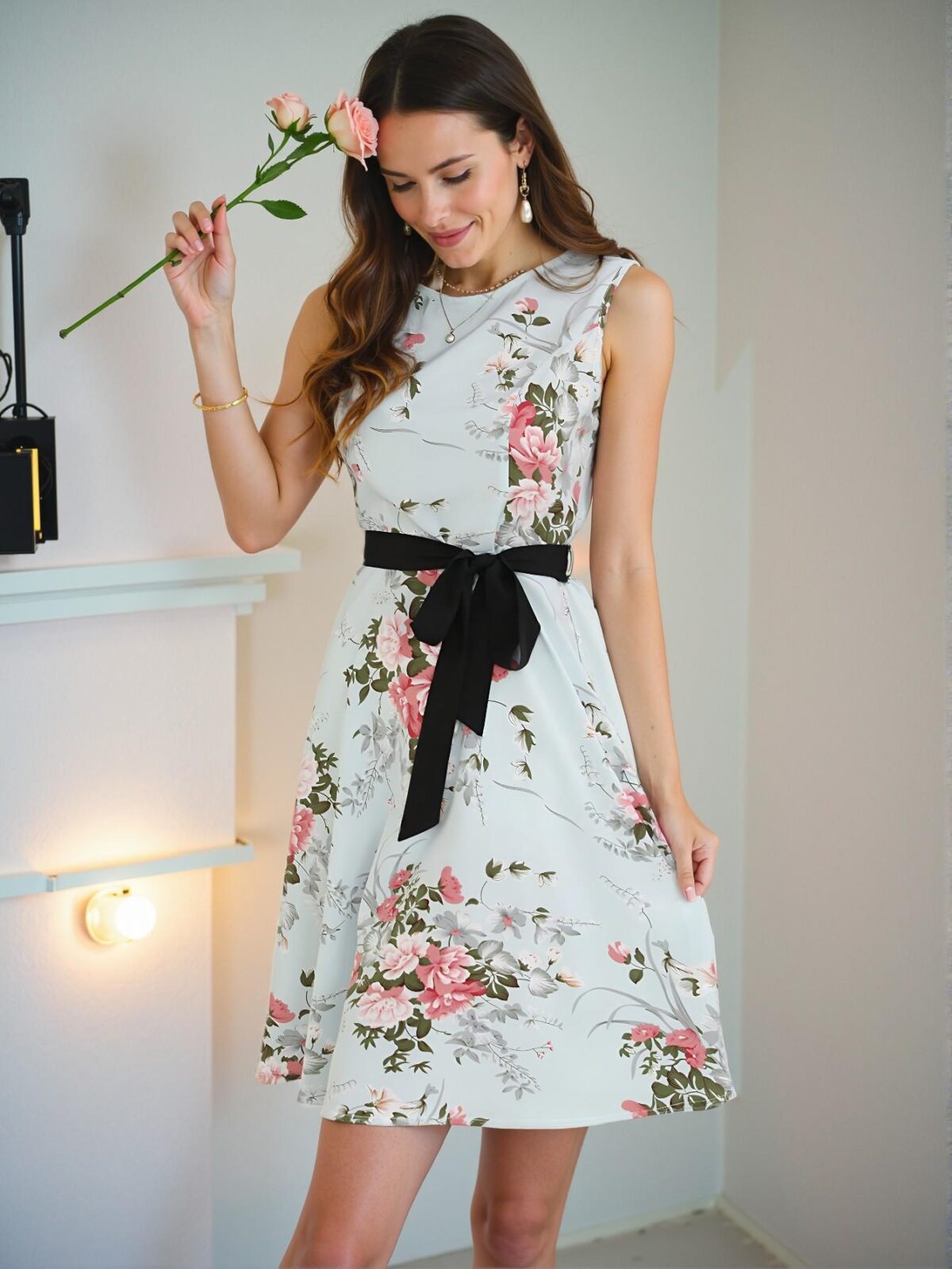 Elegant Baby Blue Floral Print High Waist A-Line Dress with Belt for Spring and Summer - Chic, Classy and Trendy Fashion Style to Dress to Impress - Image 3