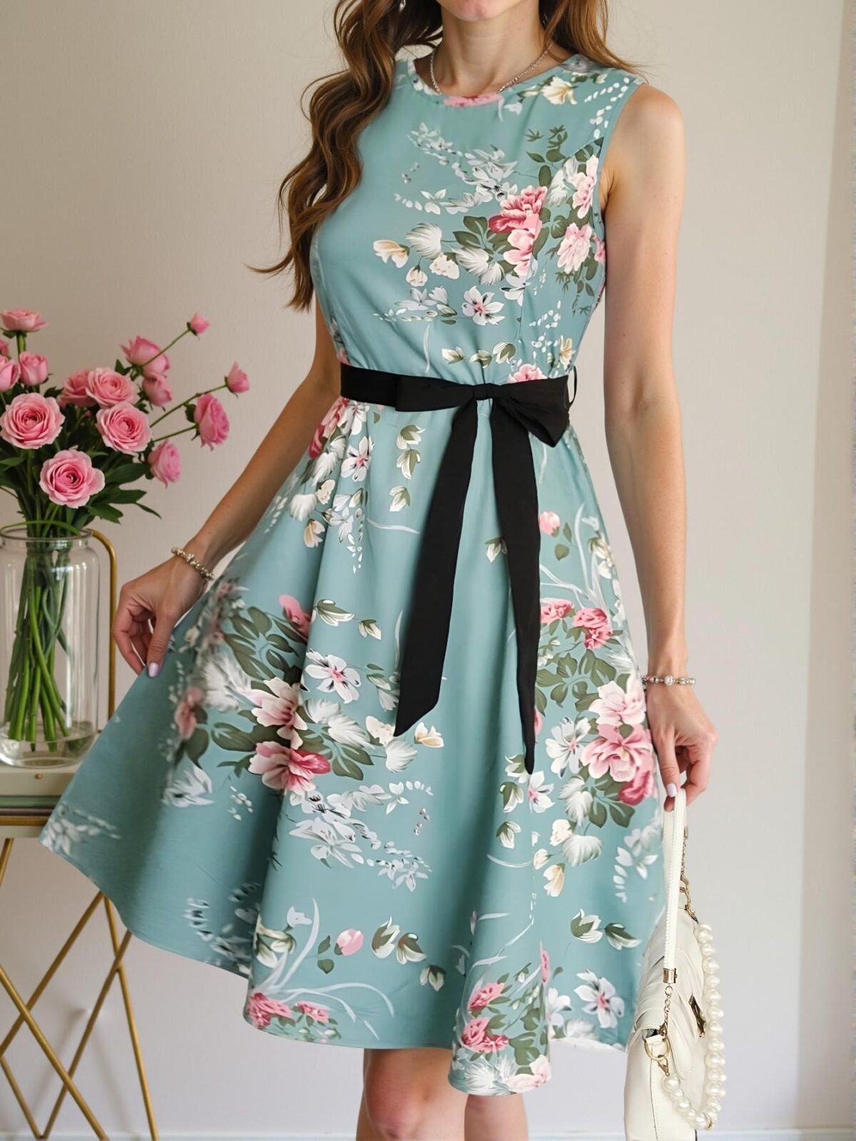 Elegant Cadet Blue Stylish Floral A-Line Sleeveless Dress with Belt for Spring and Summer | Chic, Classy and Trendy Fashion Style to Dress to Impress