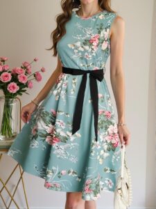 Elegant Cadet Blue Stylish Floral A-Line Sleeveless Dress with Belt for Spring and Summer | Chic, Classy and Trendy Fashion Style to Dress to Impress