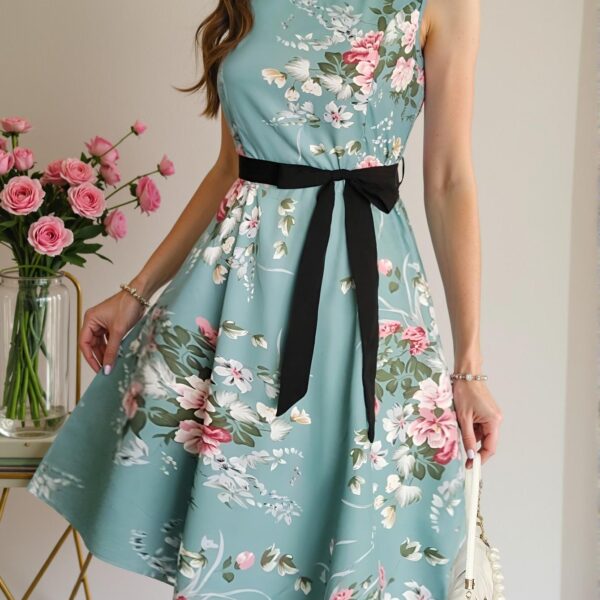 Elegant Cadet Blue Stylish Floral A-Line Sleeveless Dress with Belt for Spring and Summer | Chic, Classy and Trendy Fashion Style to Dress to Impress