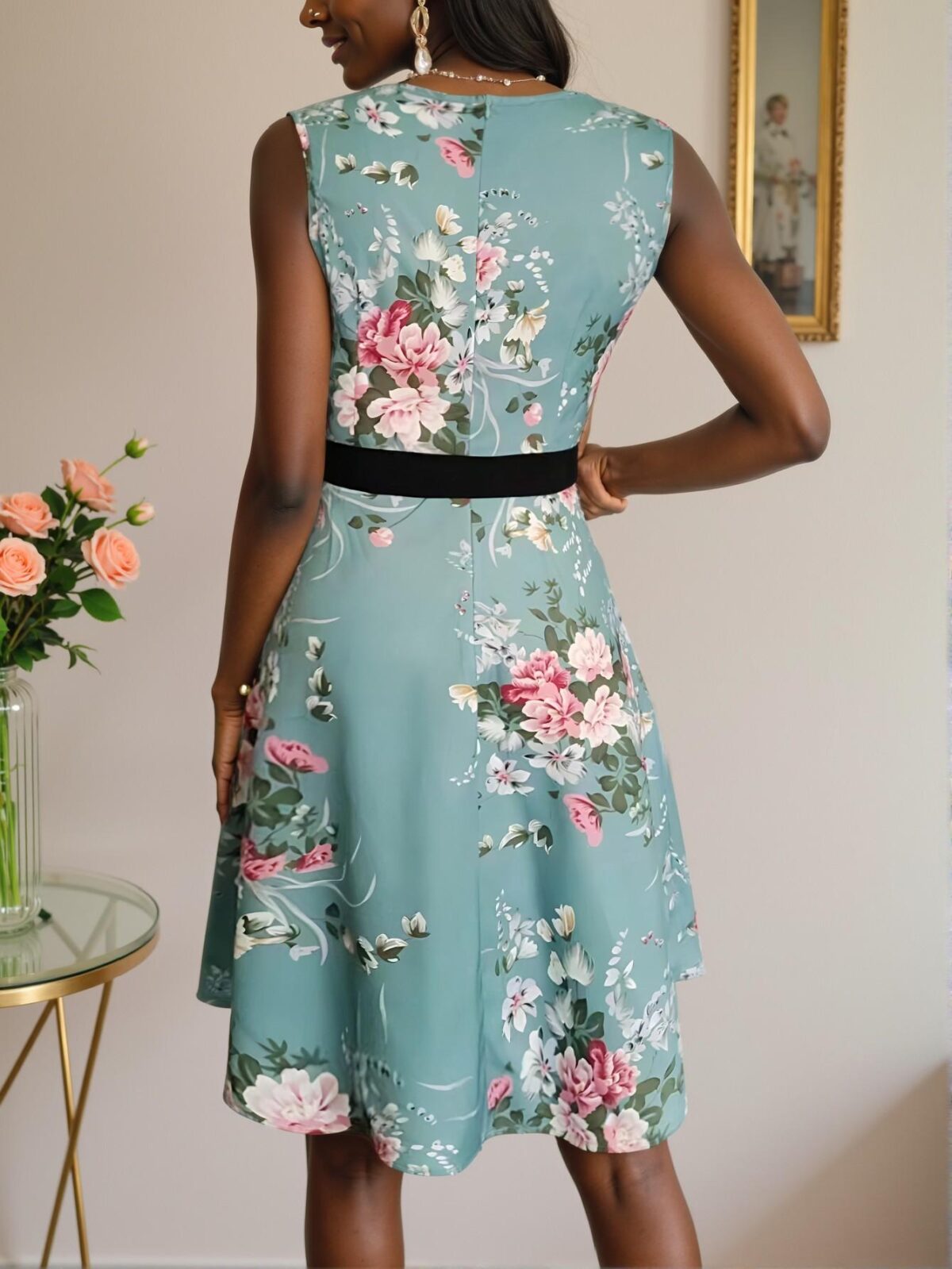 Elegant Cadet Blue Stylish Floral A-Line Sleeveless Dress with Belt for Spring and Summer | Chic, Classy and Trendy Fashion Style to Dress to Impress - Image 2