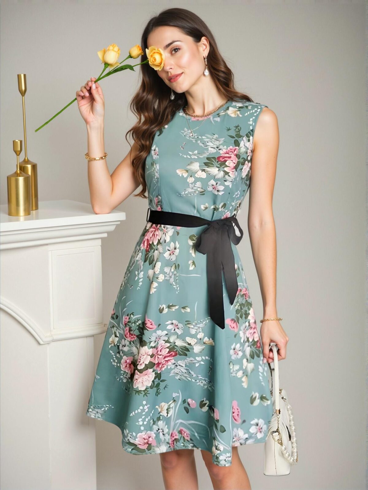 Elegant Cadet Blue Stylish Floral A-Line Sleeveless Dress with Belt for Spring and Summer | Chic, Classy and Trendy Fashion Style to Dress to Impress - Image 3