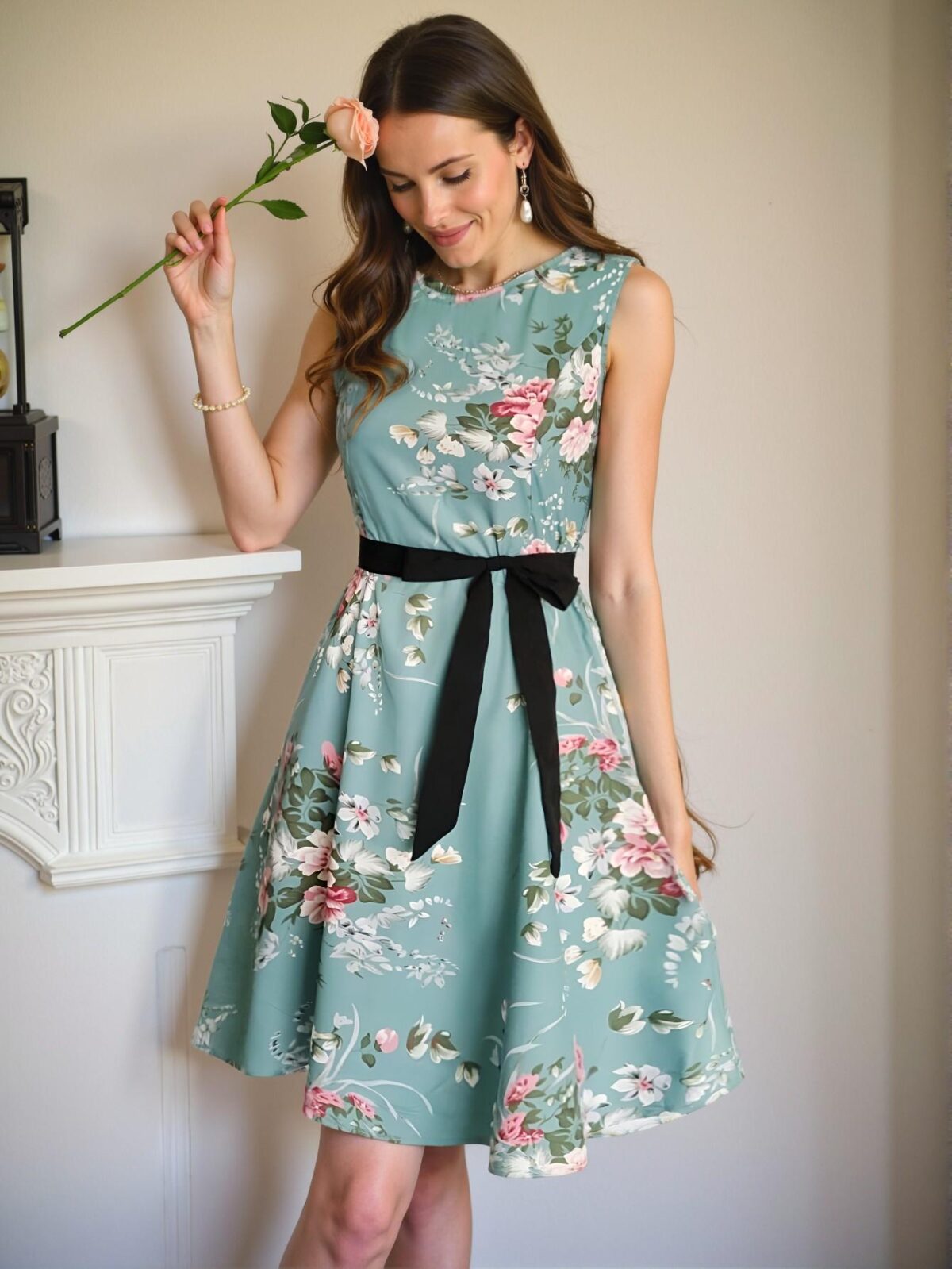 Elegant Cadet Blue Stylish Floral A-Line Sleeveless Dress with Belt for Spring and Summer | Chic, Classy and Trendy Fashion Style to Dress to Impress - Image 4