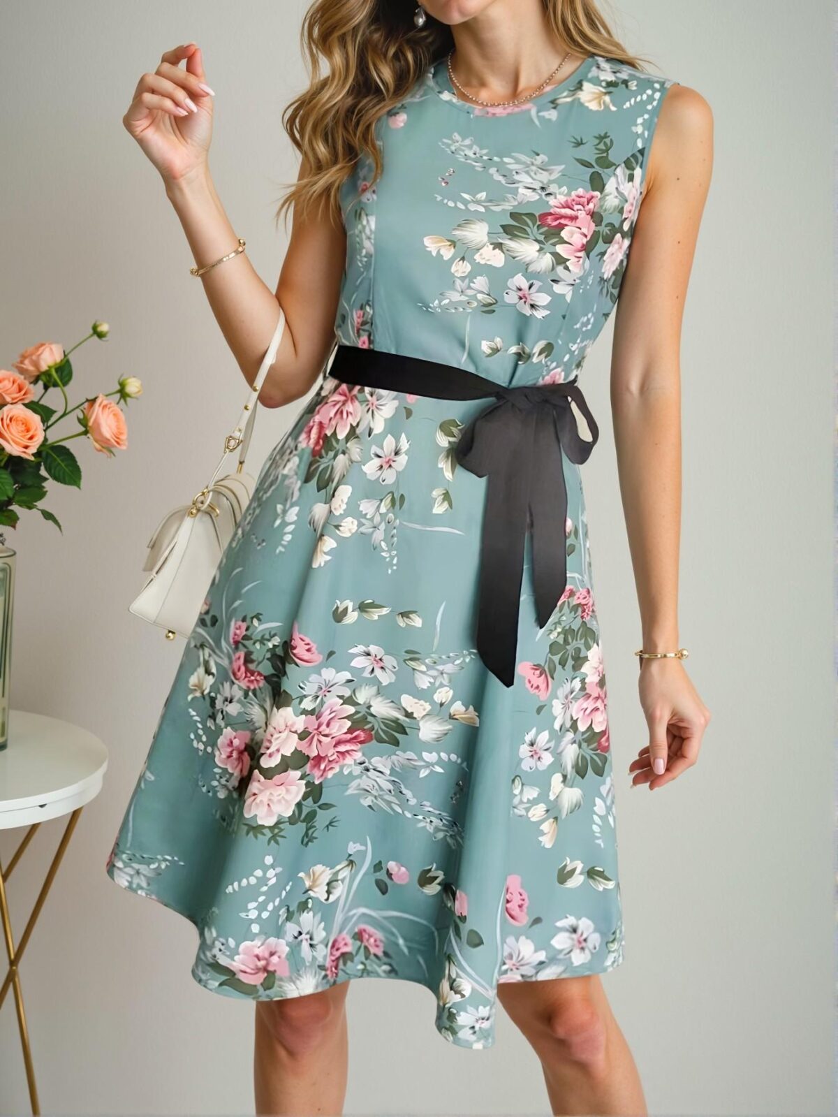 Elegant Cadet Blue Stylish Floral A-Line Sleeveless Dress with Belt for Spring and Summer | Chic, Classy and Trendy Fashion Style to Dress to Impress - Image 5