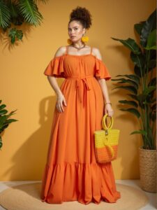 Elegant Orange Boho Off Shoulder Solid Color A-Line Dress for Vacation Bliss, Chic, Classy and Trendy Fashion Style to Dress to Impress