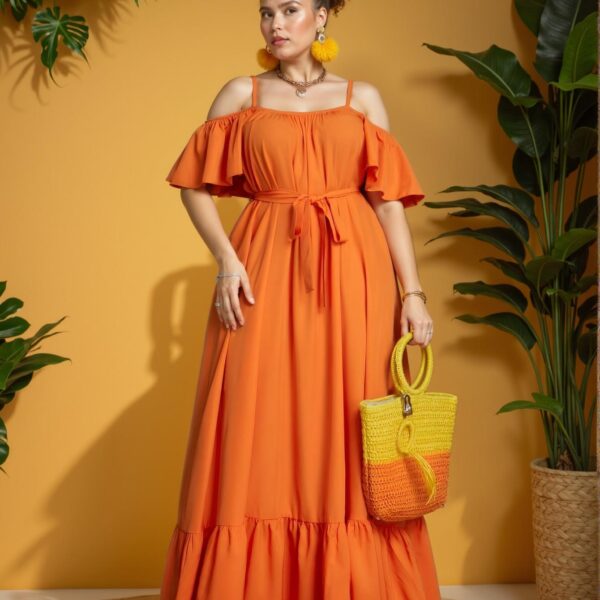Elegant Orange Boho Off Shoulder Solid Color A-Line Dress for Vacation Bliss, Chic, Classy and Trendy Fashion Style to Dress to Impress