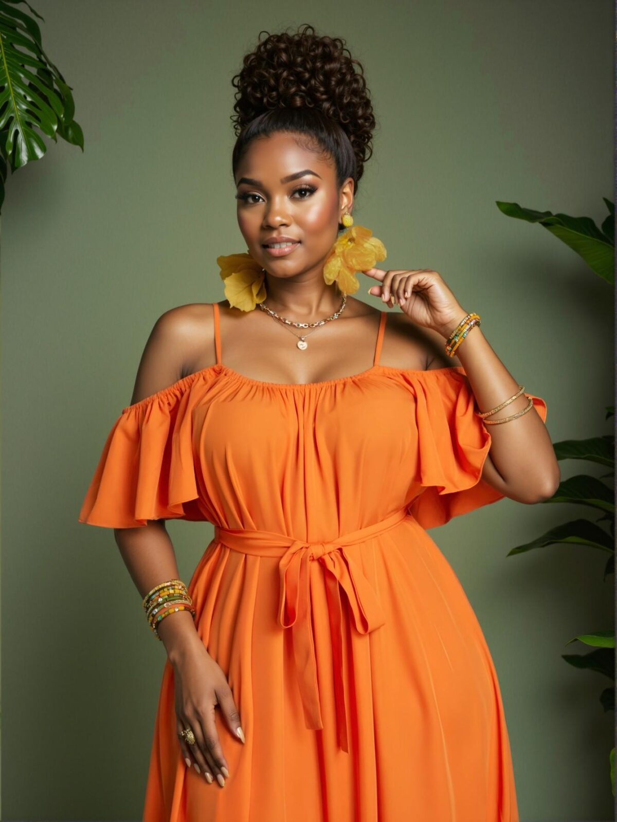 Elegant Orange Boho Off Shoulder Solid Color A-Line Dress for Vacation Bliss, Chic, Classy and Trendy Fashion Style to Dress to Impress - Image 2
