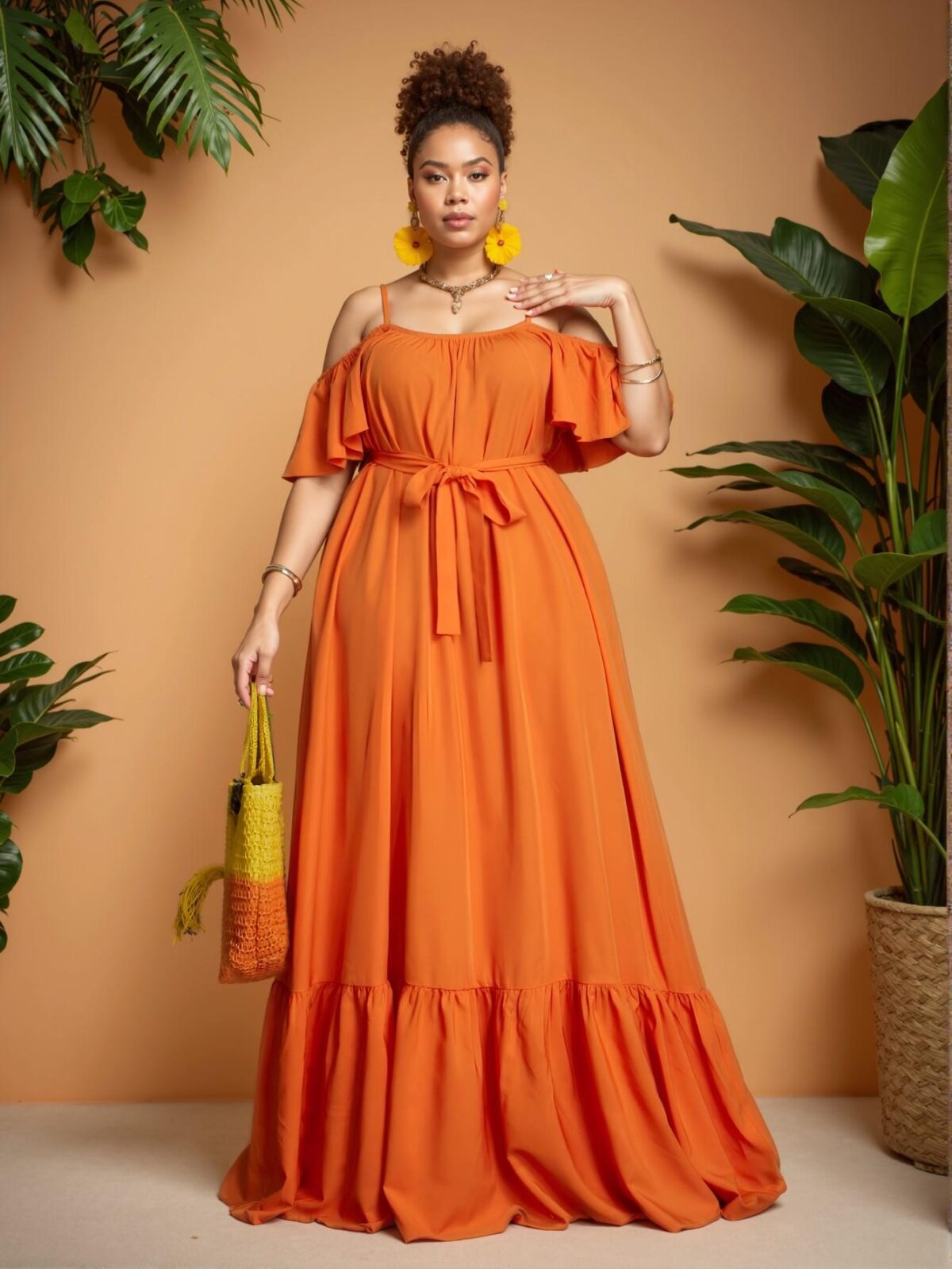 Elegant Orange Boho Off Shoulder Solid Color A-Line Dress for Vacation Bliss, Chic, Classy and Trendy Fashion Style to Dress to Impress - Image 3