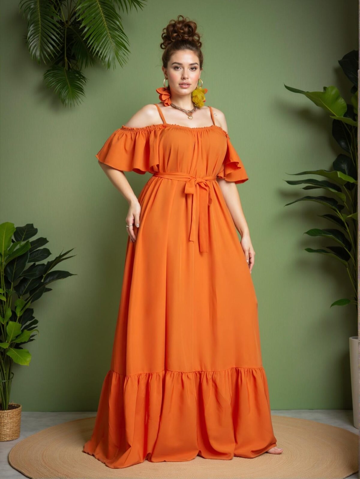 Elegant Orange Boho Off Shoulder Solid Color A-Line Dress for Vacation Bliss, Chic, Classy and Trendy Fashion Style to Dress to Impress - Image 5