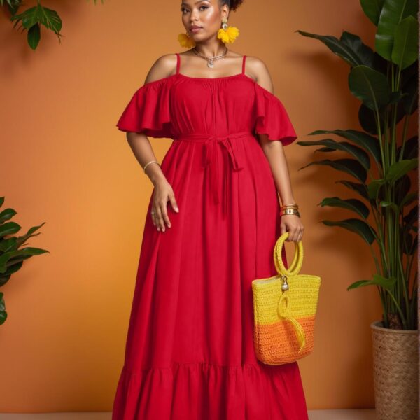 Elegant Red Flounce Hem Off Shoulder Plus Size Dress for Warm Weather Chic, Classy and Trendy Fashion Style to Dress to Impress