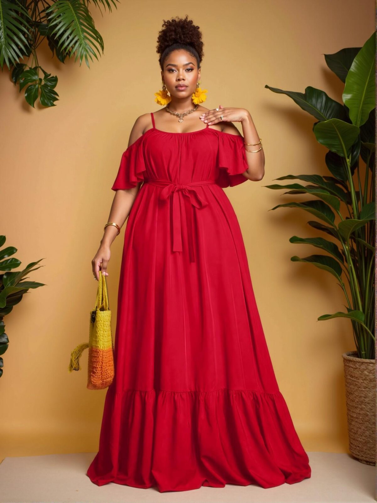 Elegant Red Flounce Hem Off Shoulder Plus Size Dress for Warm Weather Chic, Classy and Trendy Fashion Style to Dress to Impress - Image 4