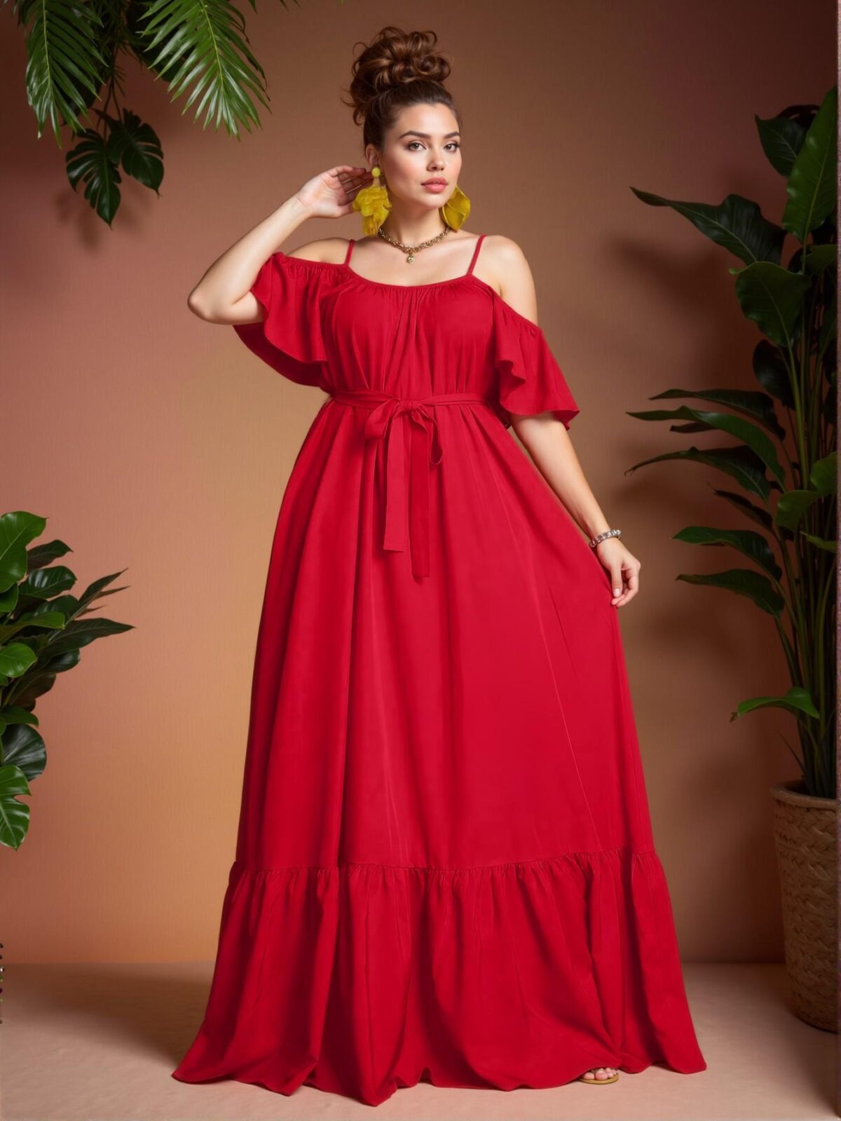 Elegant Red Flounce Hem Off Shoulder Plus Size Dress for Warm Weather Chic, Classy and Trendy Fashion Style to Dress to Impress - Image 5