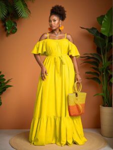 Elegant Yellow Stylish Open Shoulder Spaghetti Strap Dress for Spring and Summer - Chic, Classy and Trendy Fashion Style to Dress to Impress