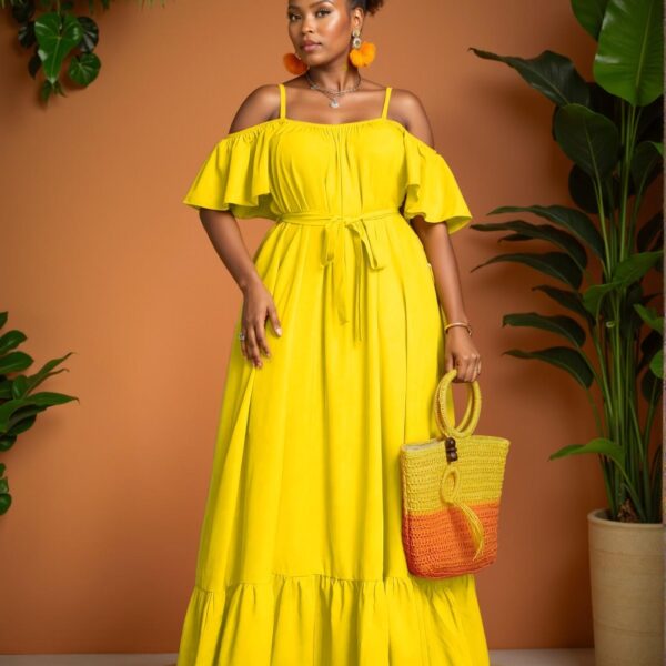 Elegant Yellow Stylish Open Shoulder Spaghetti Strap Dress for Spring and Summer - Chic, Classy and Trendy Fashion Style to Dress to Impress