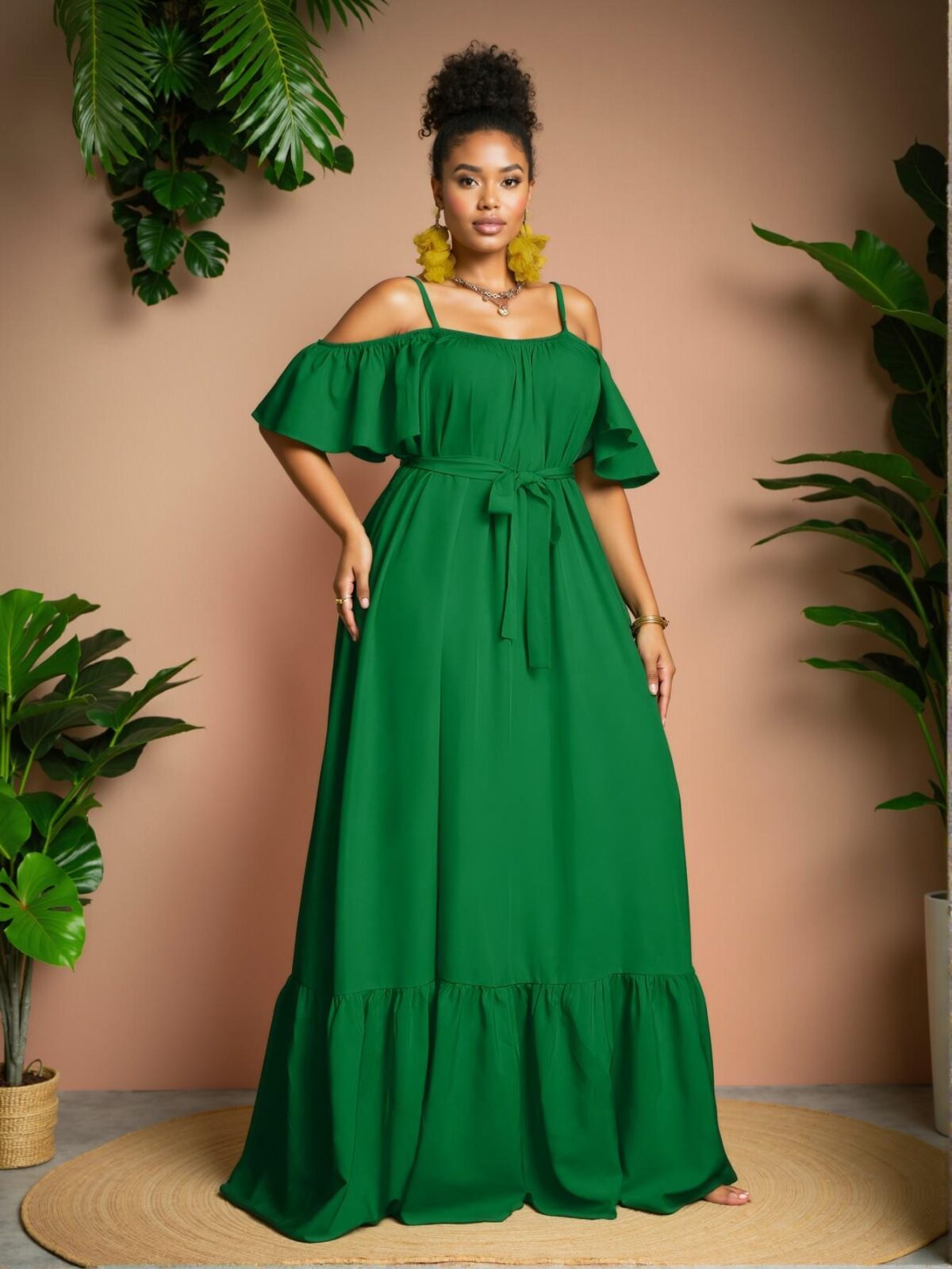 Elegant Dark Green Off-Shoulder Ruffled A-Line Dress Perfect for Spring and Summer - Chic, Classy and Trendy Fashion Style to Dress to Impress - Image 4