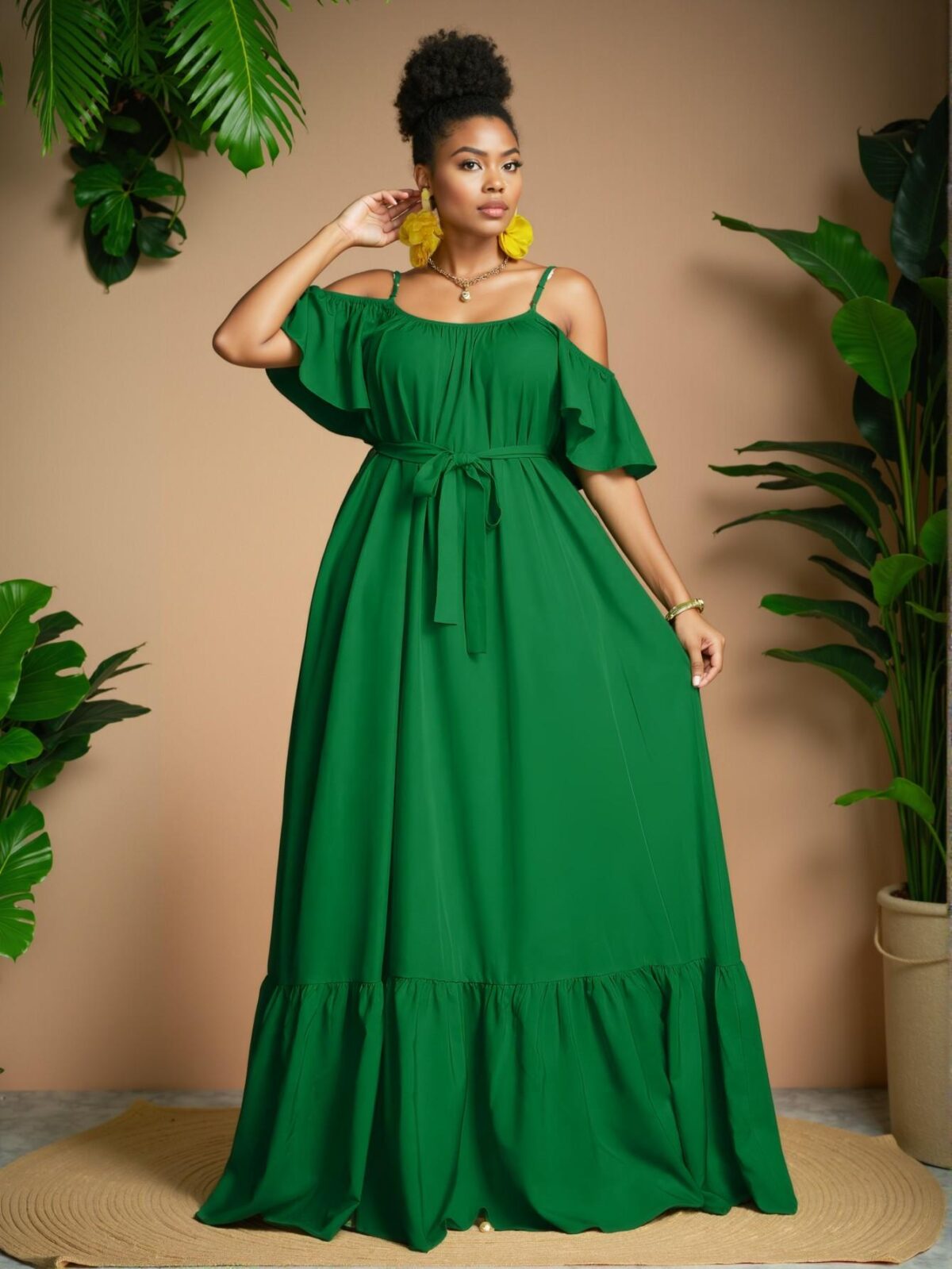 Elegant Dark Green Off-Shoulder Ruffled A-Line Dress Perfect for Spring and Summer - Chic, Classy and Trendy Fashion Style to Dress to Impress - Image 5
