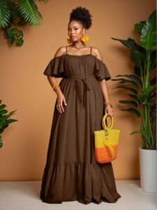 Elegant Coffee Brown Stylish Boho Open Shoulder Dress for Spring and Summer - Chic, Classy and Trendy Fashion Style to Dress to Impress