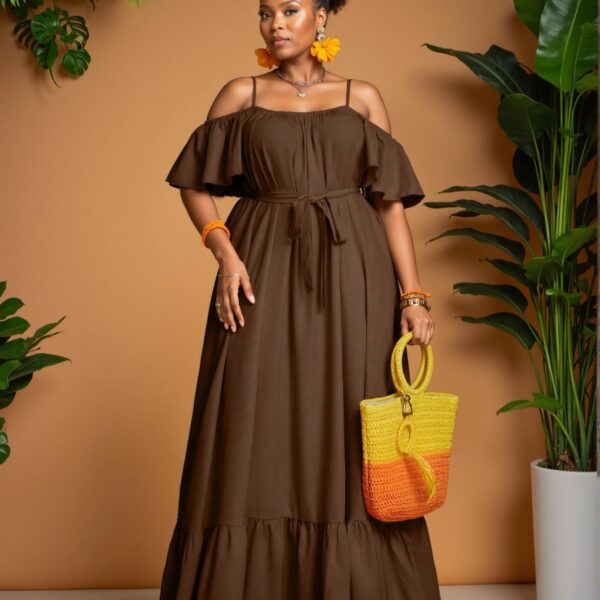 Elegant Coffee Brown Stylish Boho Open Shoulder Dress for Spring and Summer - Chic, Classy and Trendy Fashion Style to Dress to Impress