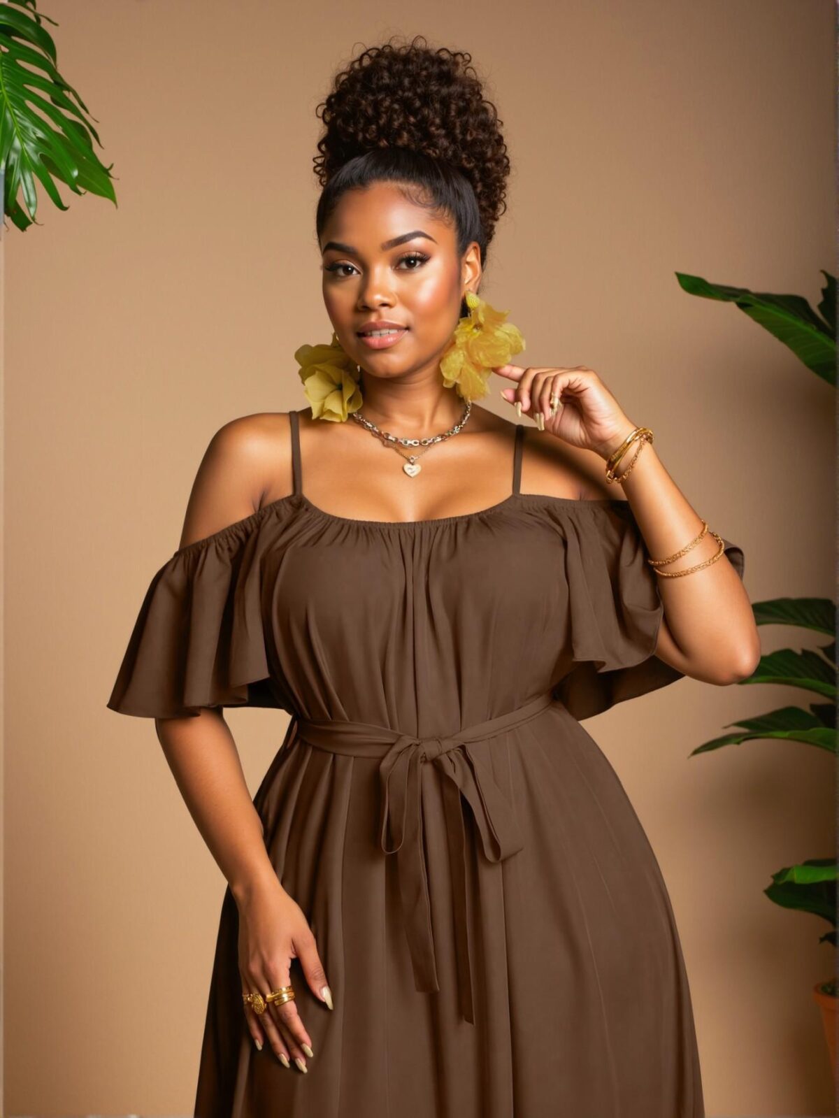 Elegant Coffee Brown Stylish Boho Open Shoulder Dress for Spring and Summer - Chic, Classy and Trendy Fashion Style to Dress to Impress - Image 3
