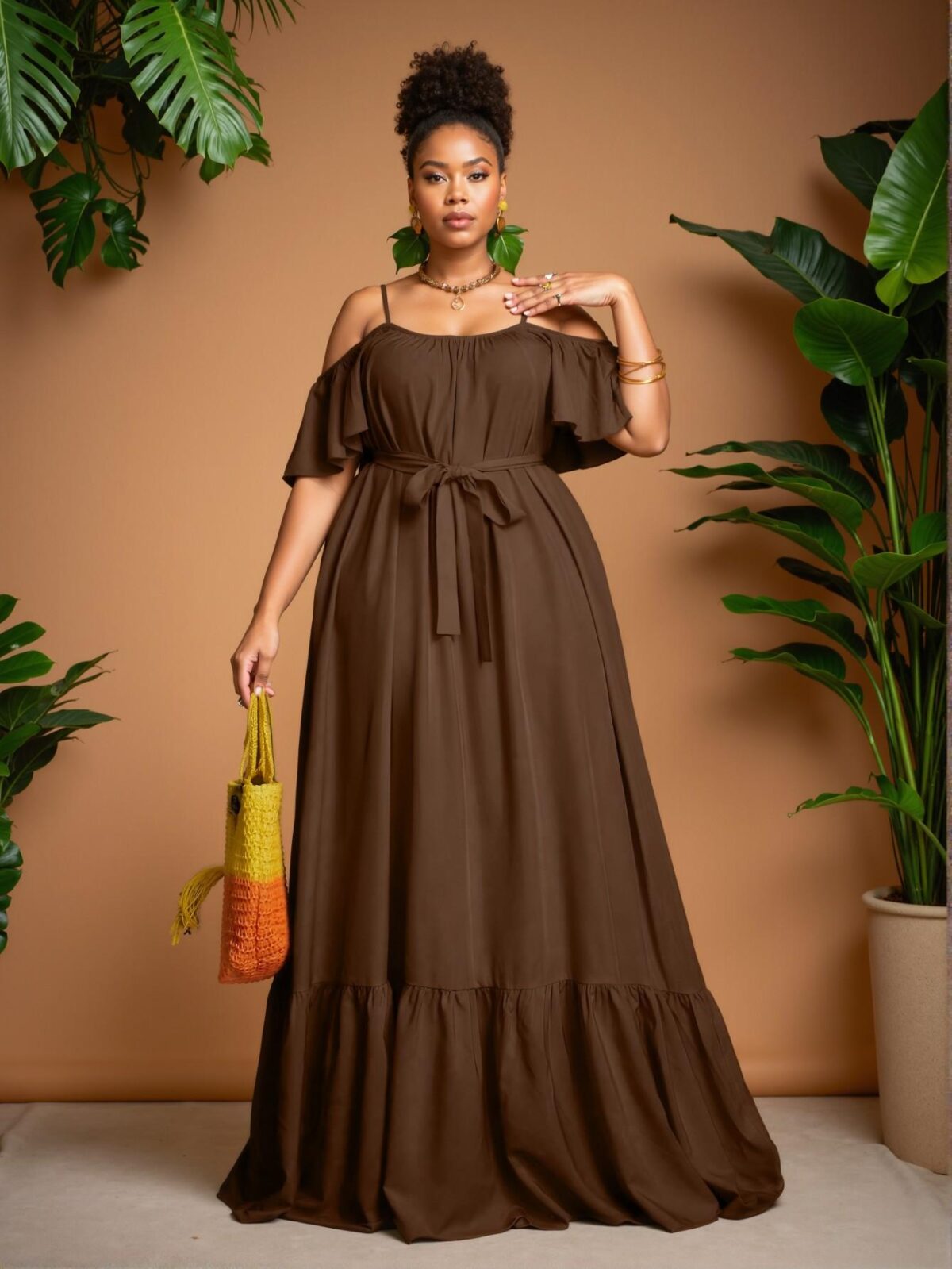 Elegant Coffee Brown Stylish Boho Open Shoulder Dress for Spring and Summer - Chic, Classy and Trendy Fashion Style to Dress to Impress - Image 4