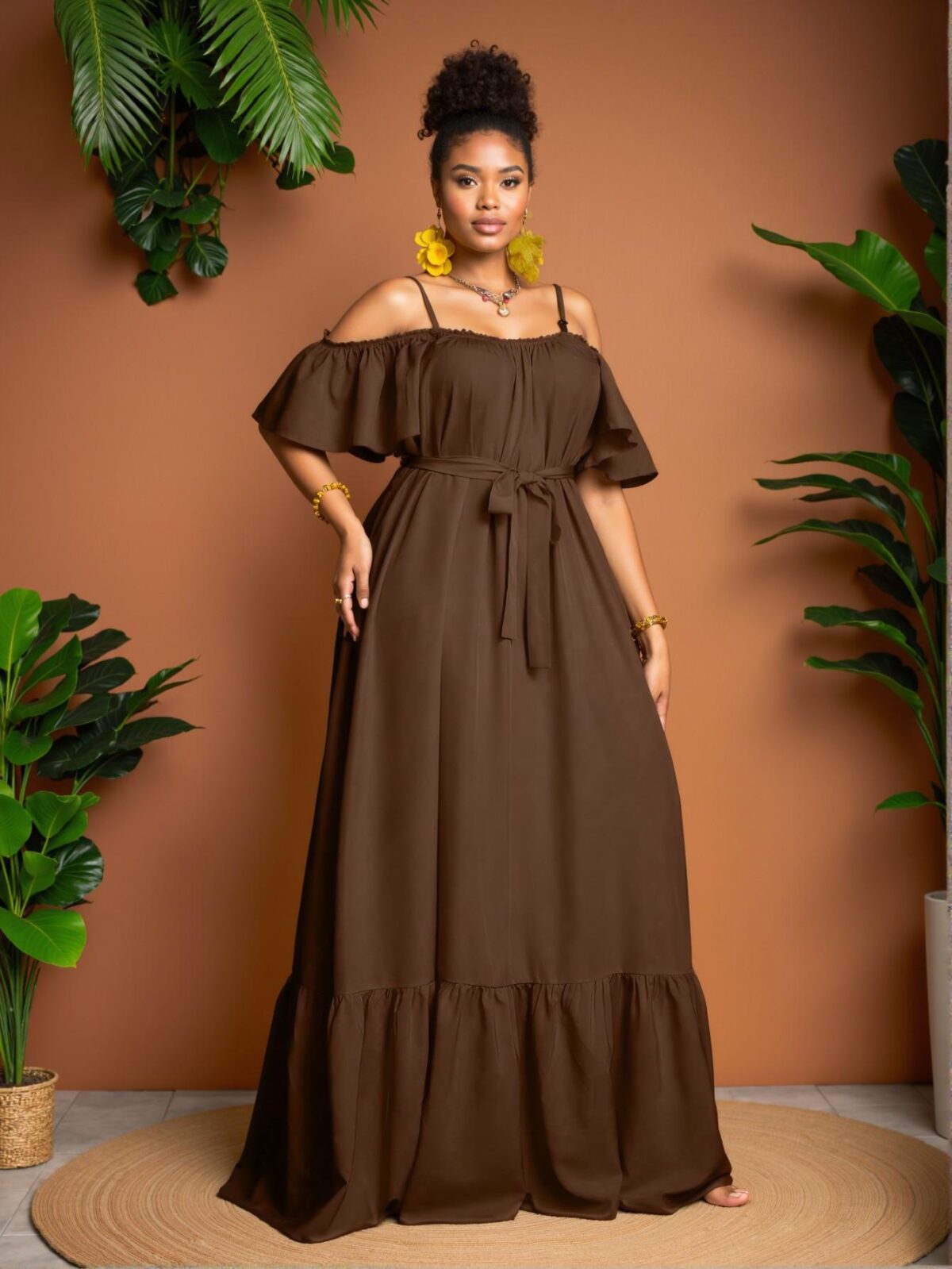 Elegant Coffee Brown Stylish Boho Open Shoulder Dress for Spring and Summer - Chic, Classy and Trendy Fashion Style to Dress to Impress - Image 5
