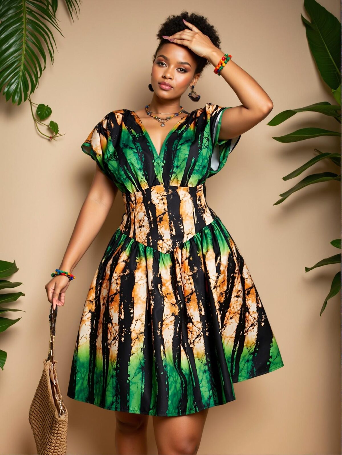 Elegant Multicolor Flared A-Line Dress with Ruffle Hem and Shirred Details for Spring and Summer Chic, Classy and Trendy Fashion Style to Dress to Impress