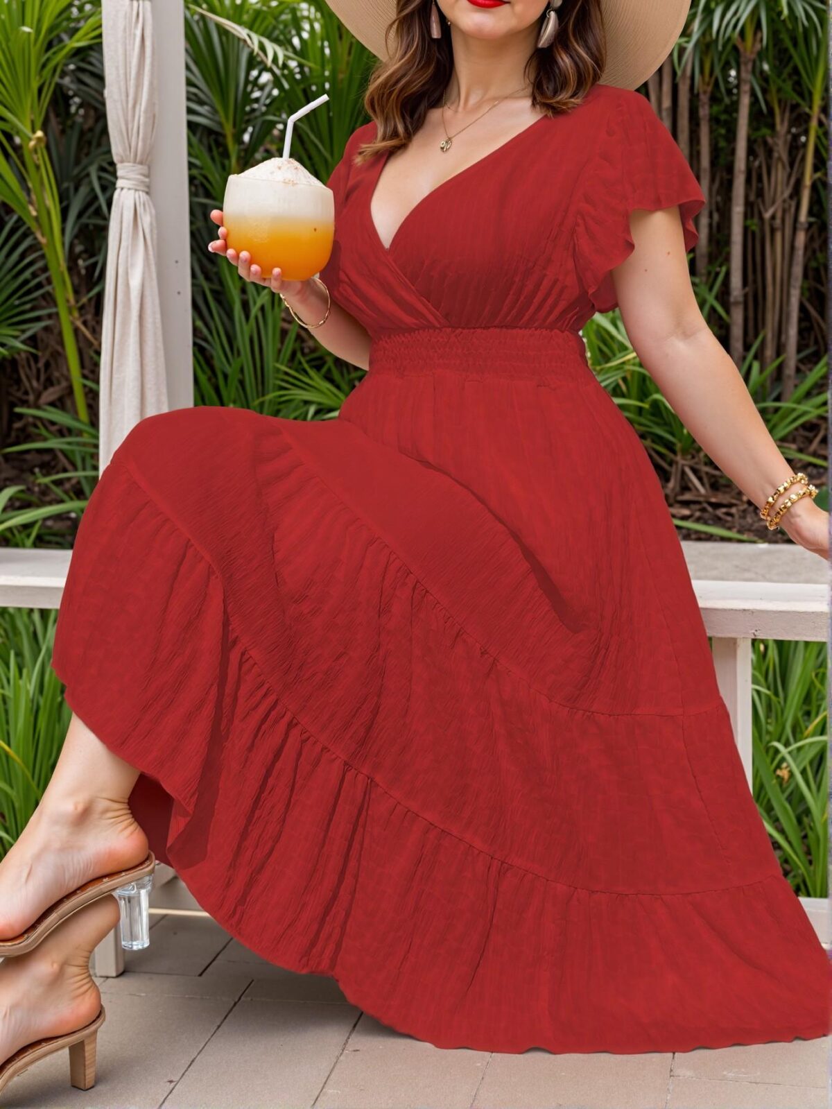 Elegant Red A-Line Summer Maxi Dress with Ruffled Hem and V-Neck for Vacation Outfits "Chic, Classy and Trendy Fashion Style to Dress to Impress"