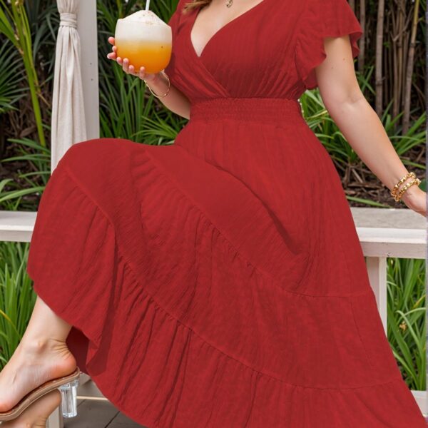Elegant Red A-Line Summer Maxi Dress with Ruffled Hem and V-Neck for Vacation Outfits "Chic, Classy and Trendy Fashion Style to Dress to Impress"