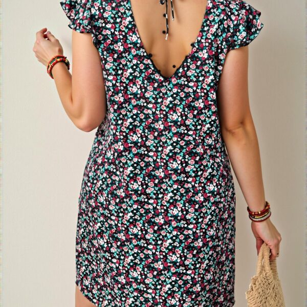 Chic Multicolor Bohemian Floral Mini Dress with Lace Details and Flounce Sleeves for Spring and Summer - Stylish, Elegant, and Unique Fashion to Stand Out