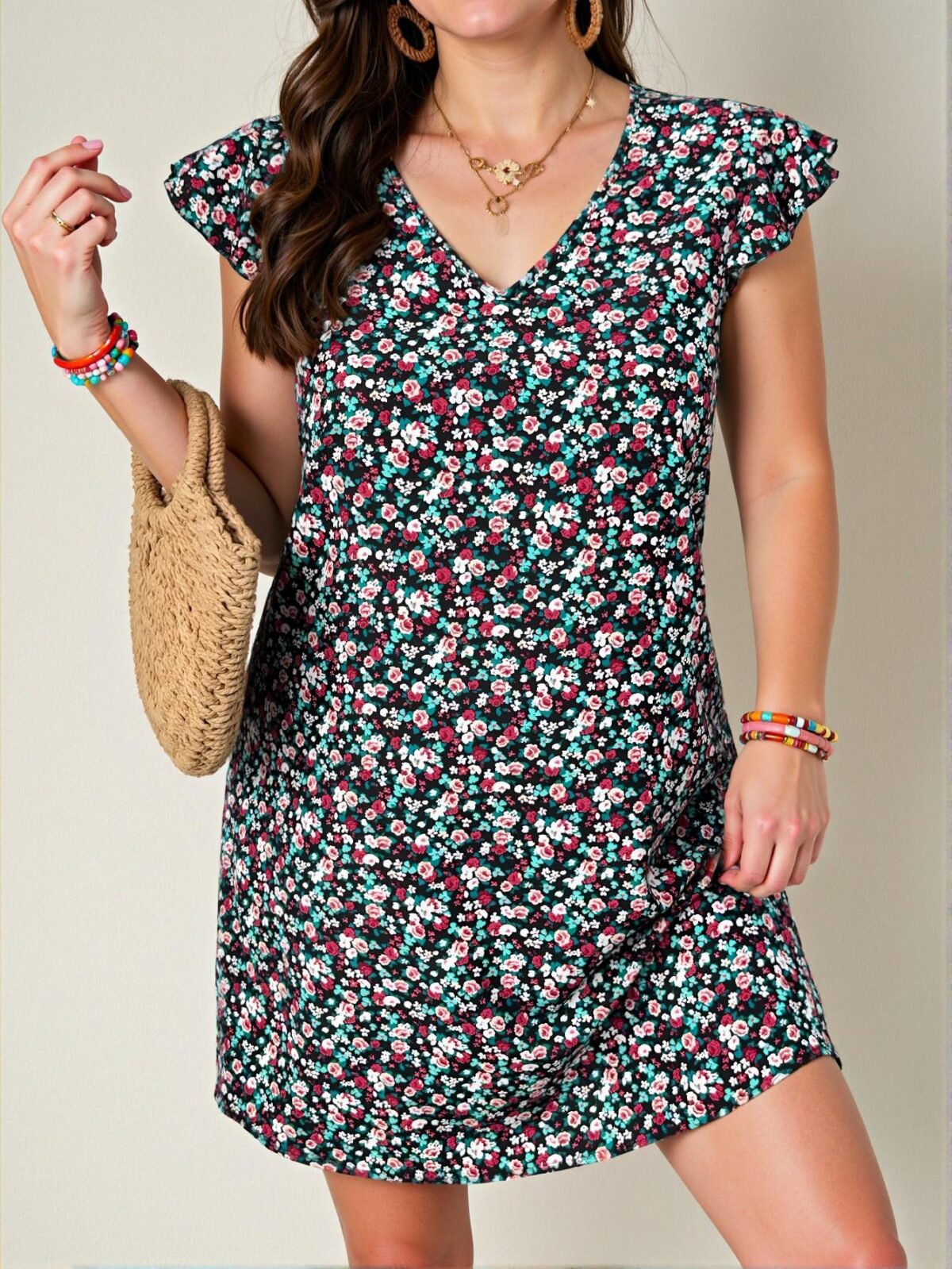 Chic Multicolor Bohemian Floral Mini Dress with Lace Details and Flounce Sleeves for Spring and Summer - Stylish, Elegant, and Unique Fashion to Stand Out - Image 3