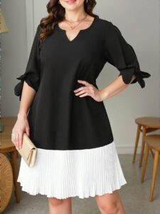Elegant Black Pleated A-Line Dress with Hollow Shoulder-Tie Bow Detail for Spring and Summer - Chic, Classy and Trendy Fashion Style to Dress to Impress