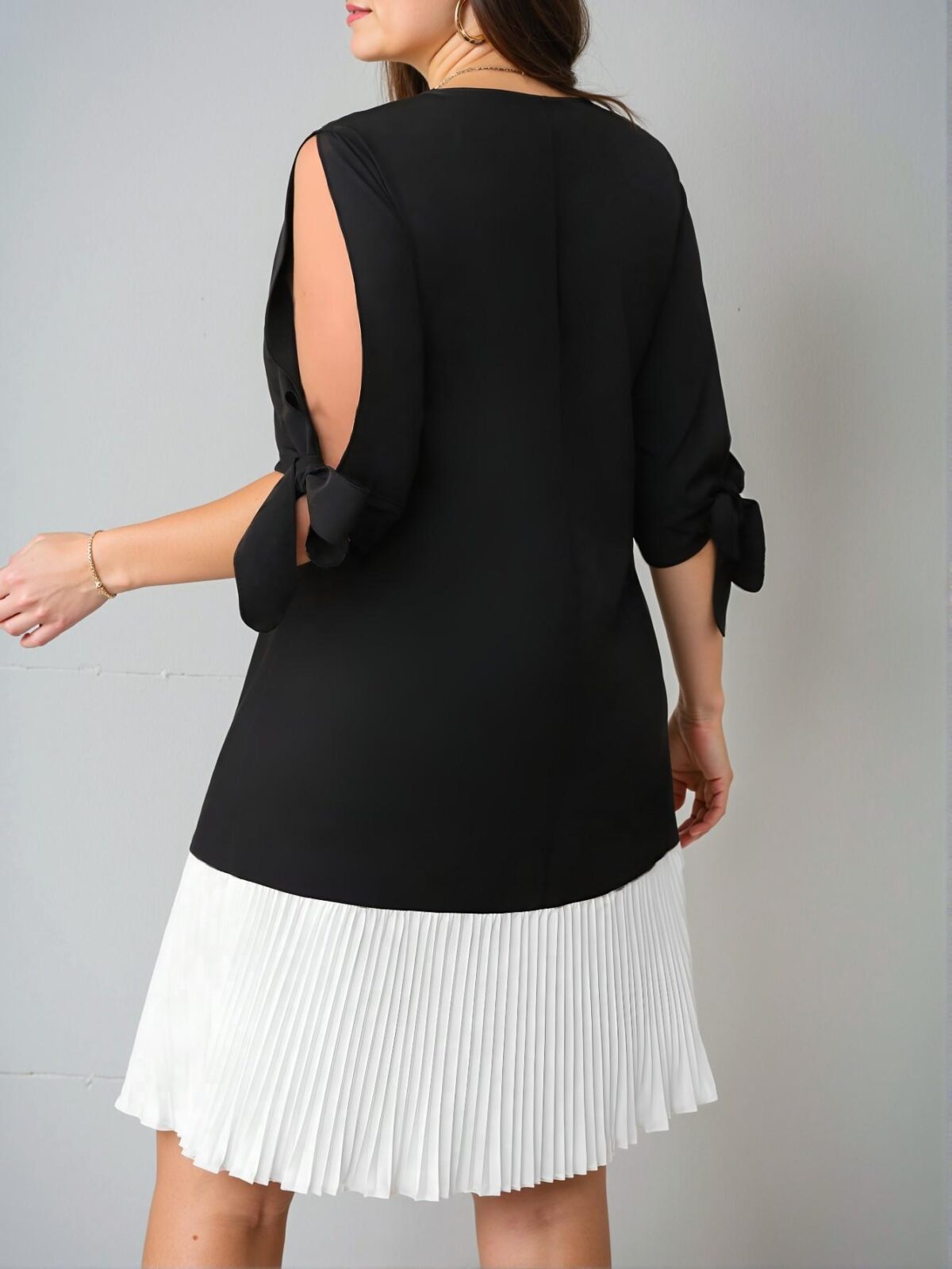 Elegant Black Pleated A-Line Dress with Hollow Shoulder-Tie Bow Detail for Spring and Summer - Chic, Classy and Trendy Fashion Style to Dress to Impress - Image 2