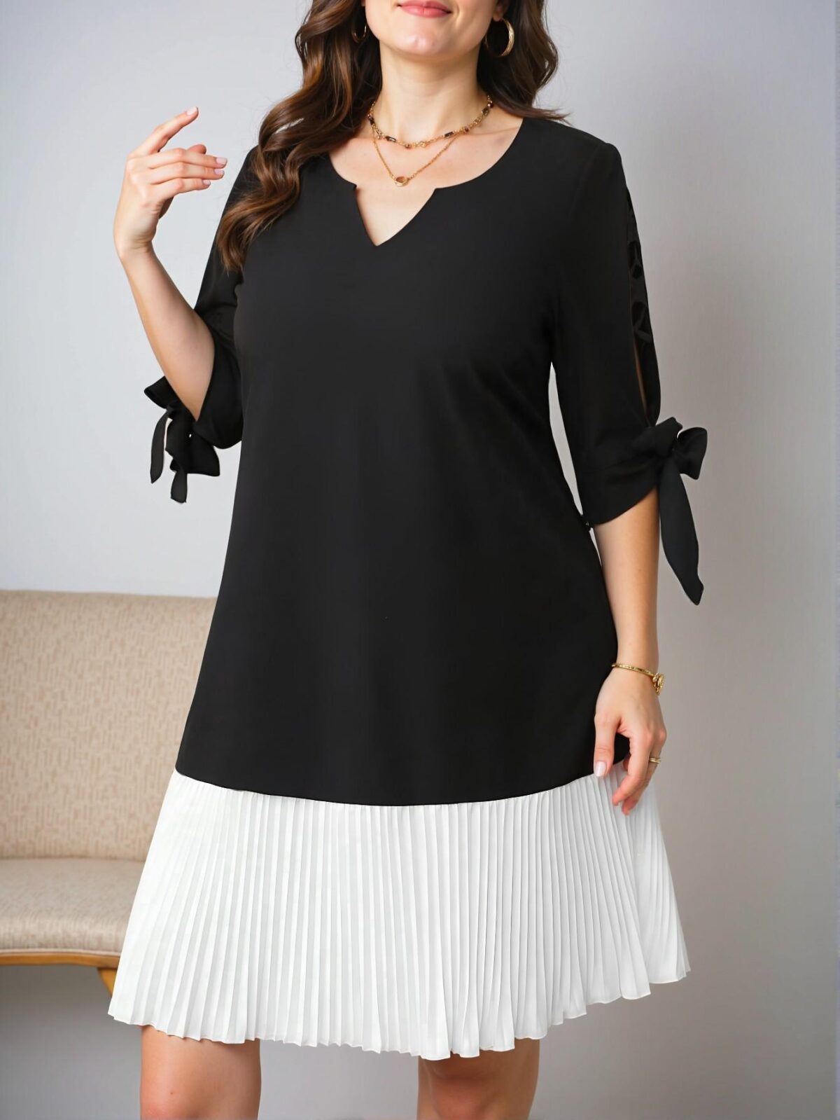 Elegant Black Pleated A-Line Dress with Hollow Shoulder-Tie Bow Detail for Spring and Summer - Chic, Classy and Trendy Fashion Style to Dress to Impress - Image 3