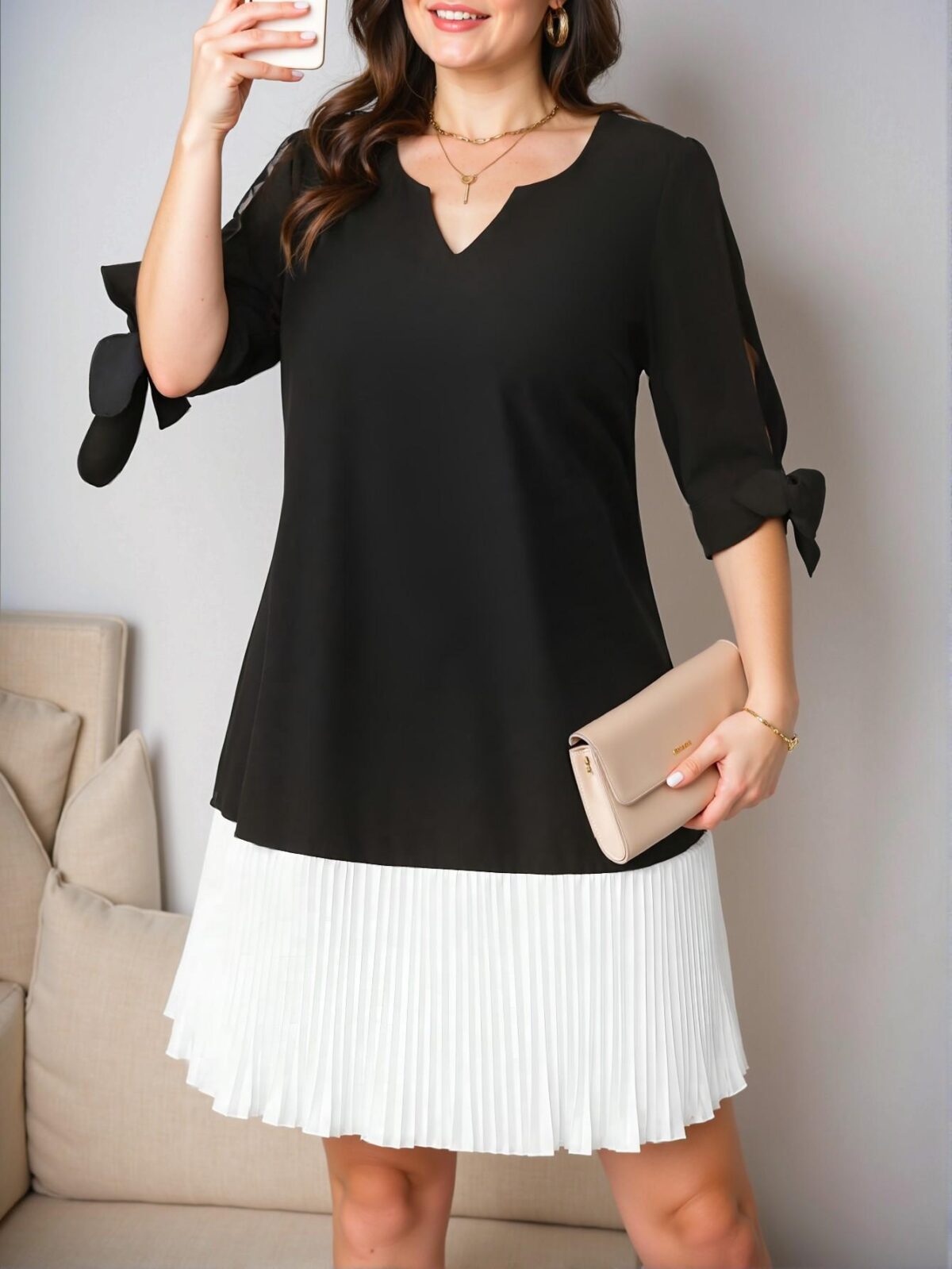 Elegant Black Pleated A-Line Dress with Hollow Shoulder-Tie Bow Detail for Spring and Summer - Chic, Classy and Trendy Fashion Style to Dress to Impress - Image 4