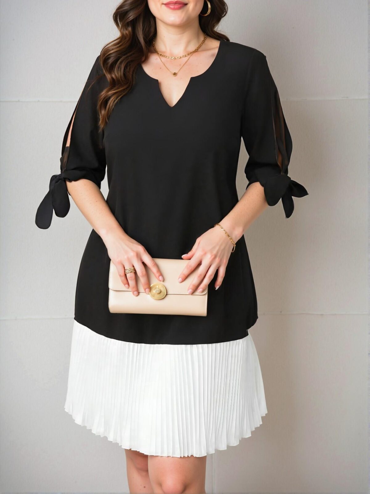 Elegant Black Pleated A-Line Dress with Hollow Shoulder-Tie Bow Detail for Spring and Summer - Chic, Classy and Trendy Fashion Style to Dress to Impress - Image 5