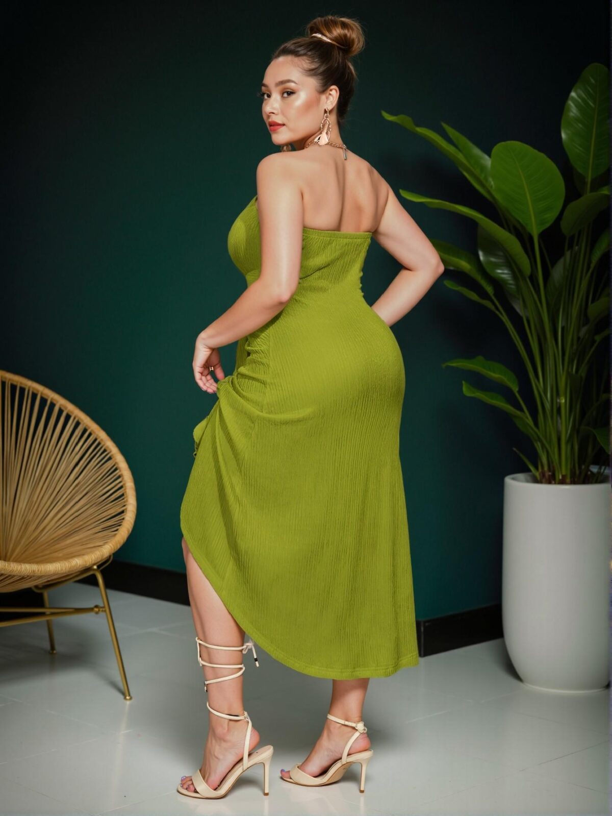 Elegant Green Casual Vacation Tube Top Dress with Overlapping Pleats and Asymmetrical Hem for a Stylish Spring and Summer Look - Chic, Classy and Trendy Fashion Style to Dress to Impress - Image 2