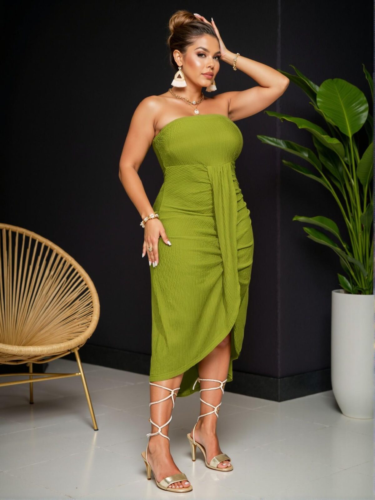 Elegant Green Casual Vacation Tube Top Dress with Overlapping Pleats and Asymmetrical Hem for a Stylish Spring and Summer Look - Chic, Classy and Trendy Fashion Style to Dress to Impress - Image 3