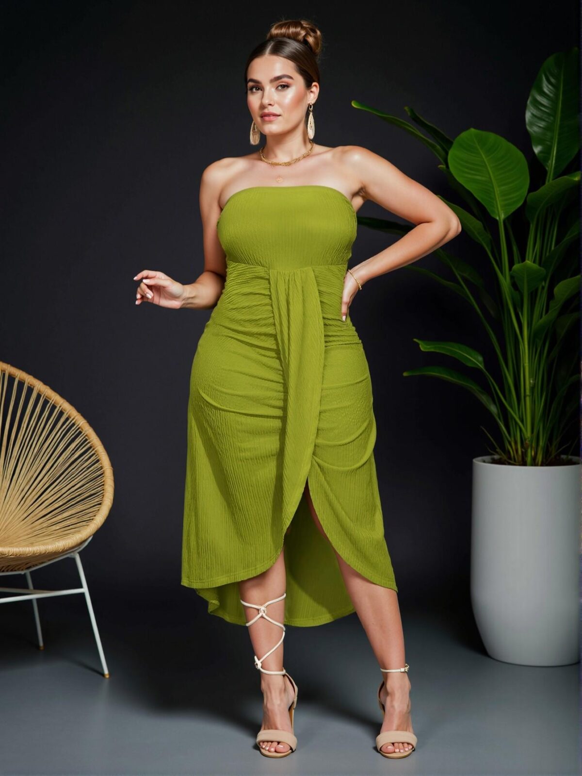 Elegant Green Casual Vacation Tube Top Dress with Overlapping Pleats and Asymmetrical Hem for a Stylish Spring and Summer Look - Chic, Classy and Trendy Fashion Style to Dress to Impress - Image 4
