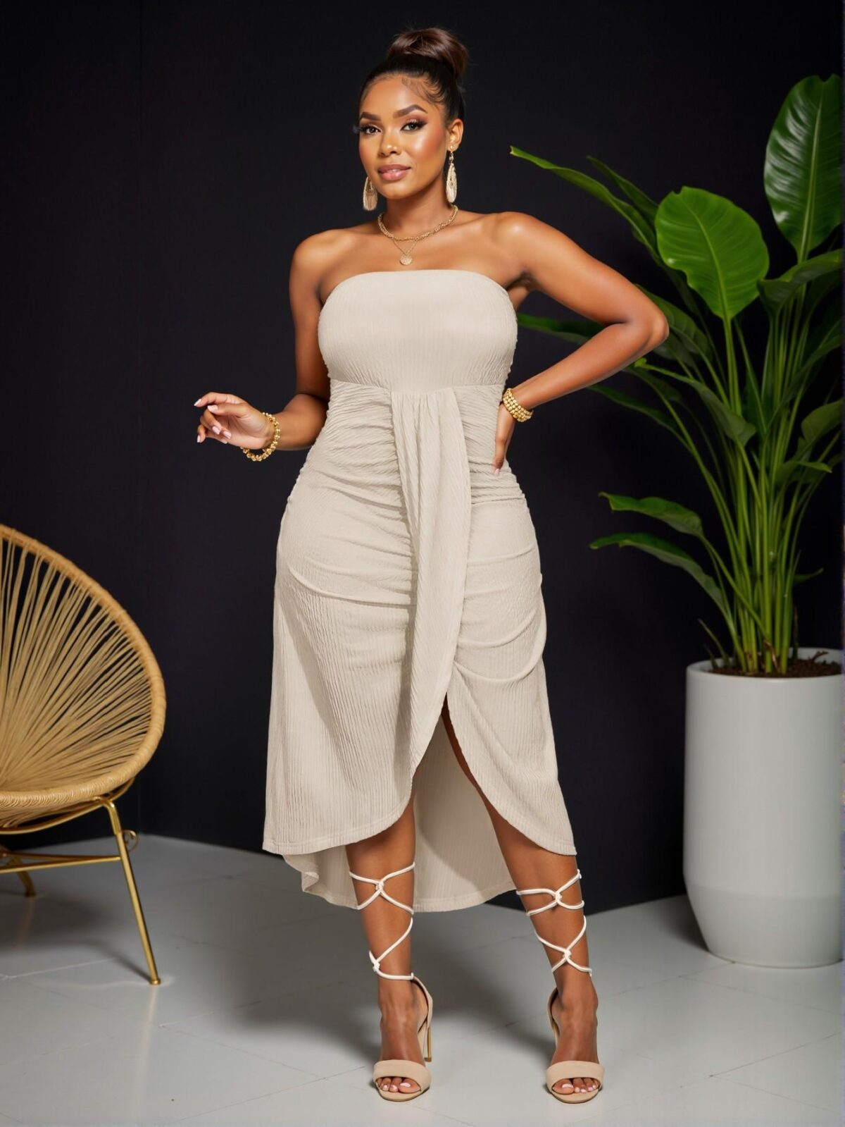 Elegant Khaki Stylish Plus-Size Long Dress with Asymmetrical Hem and Pleated Tube Top Design for Spring and Summer - Chic, Classy and Trendy Fashion Style to Dress to Impress - Image 4