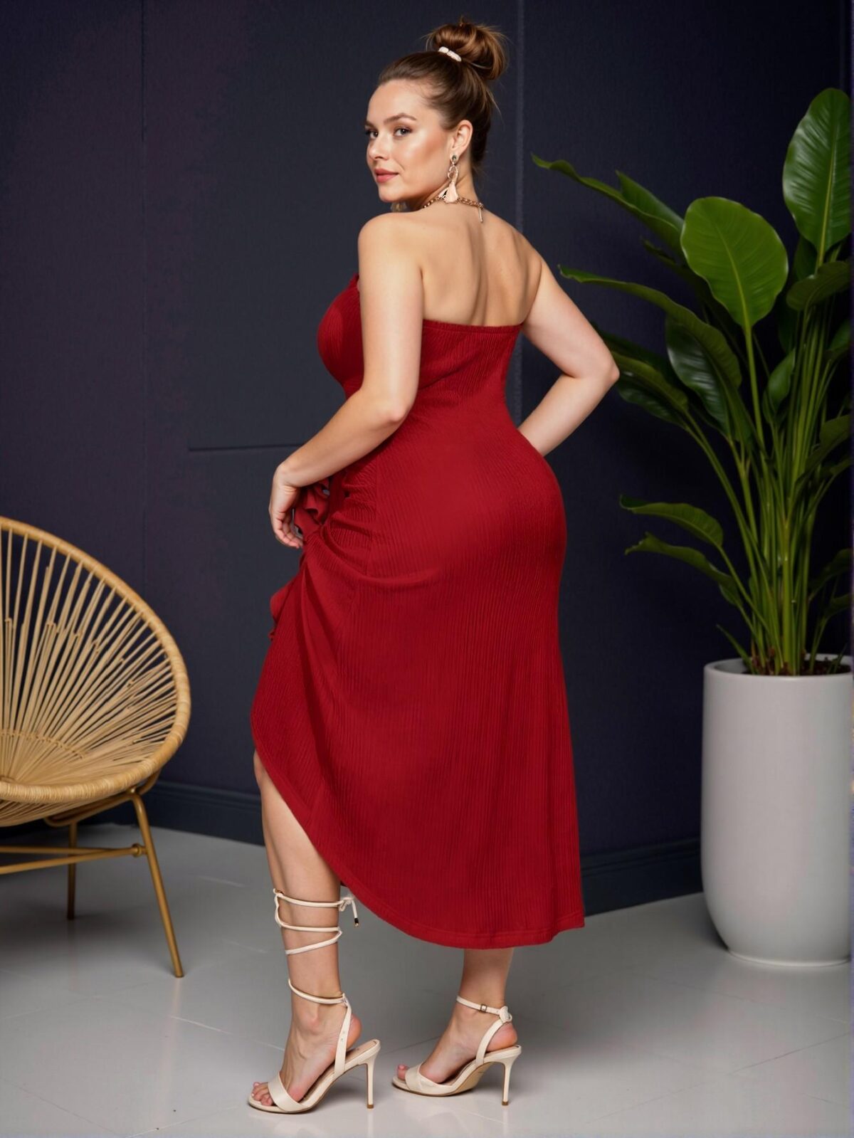Elegant Red Casual Tube Dress with Overlapping Pleat Design, Curved Hem, and Asymmetrical Length for a Stylish Spring and Summer Look - Chic, Classy, and Trendy Fashion Style to Dress to Impress - Image 2