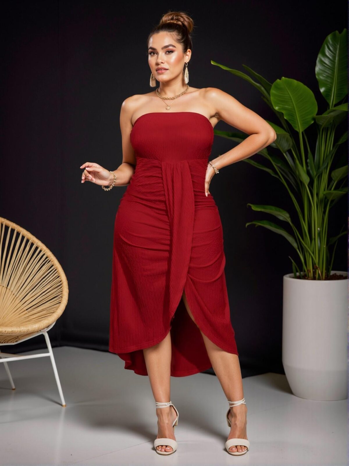 Elegant Red Casual Tube Dress with Overlapping Pleat Design, Curved Hem, and Asymmetrical Length for a Stylish Spring and Summer Look - Chic, Classy, and Trendy Fashion Style to Dress to Impress - Image 4